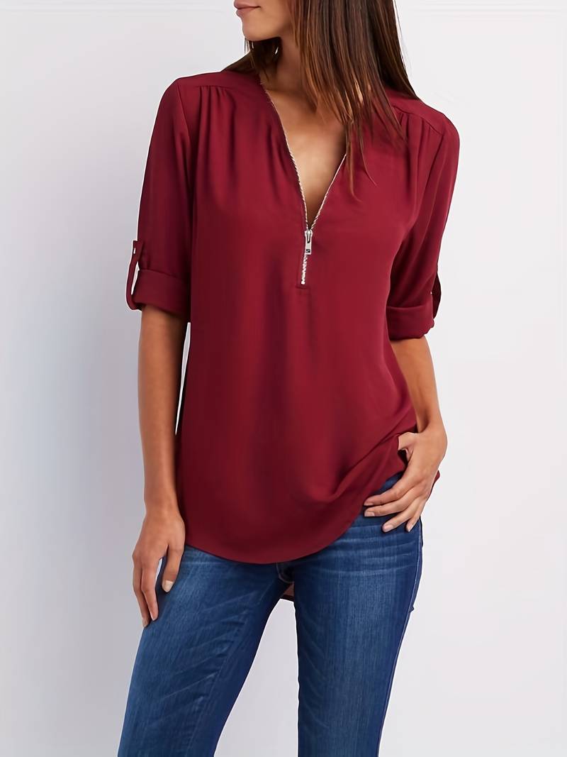 Variant image for Dames Blouse Casual Met Roll-Up Mouwen En Halve Rits Katoen-1