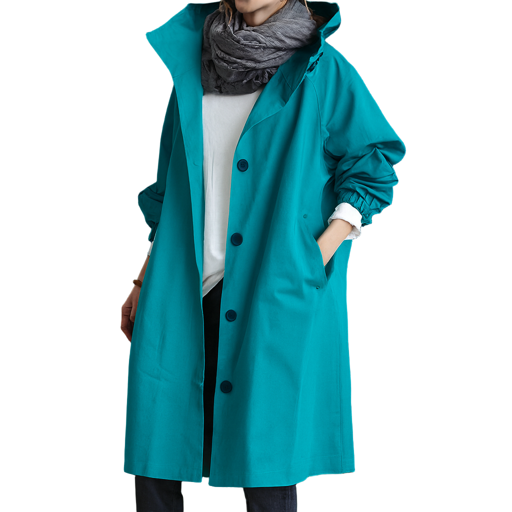 Dames Lange Trenchcoat met Capuchon en Verstelbare Taille