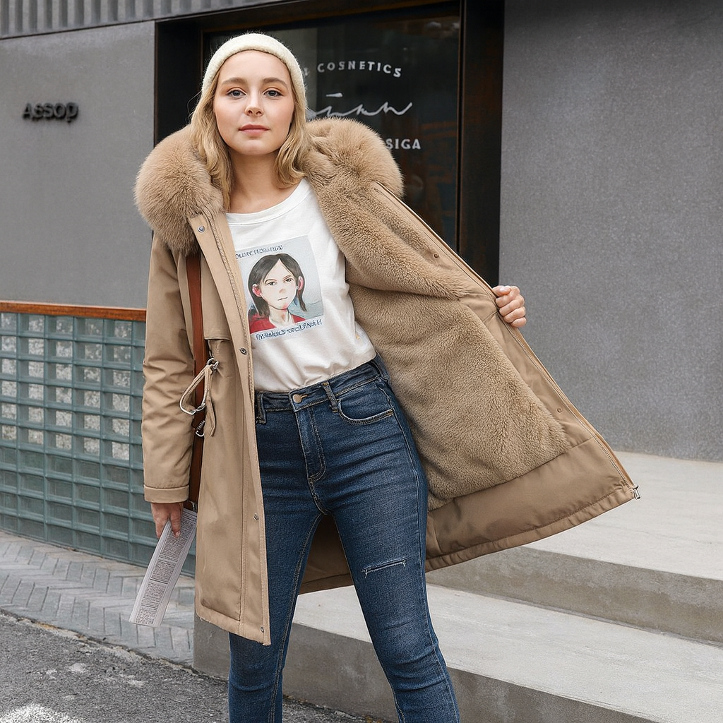 Winterjas met capuchon voor dames met bontkraag