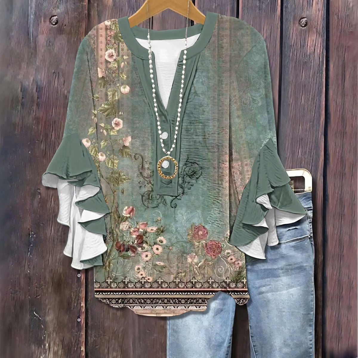 Dames T-shirt met bloemenprint en ruches aan de zoom