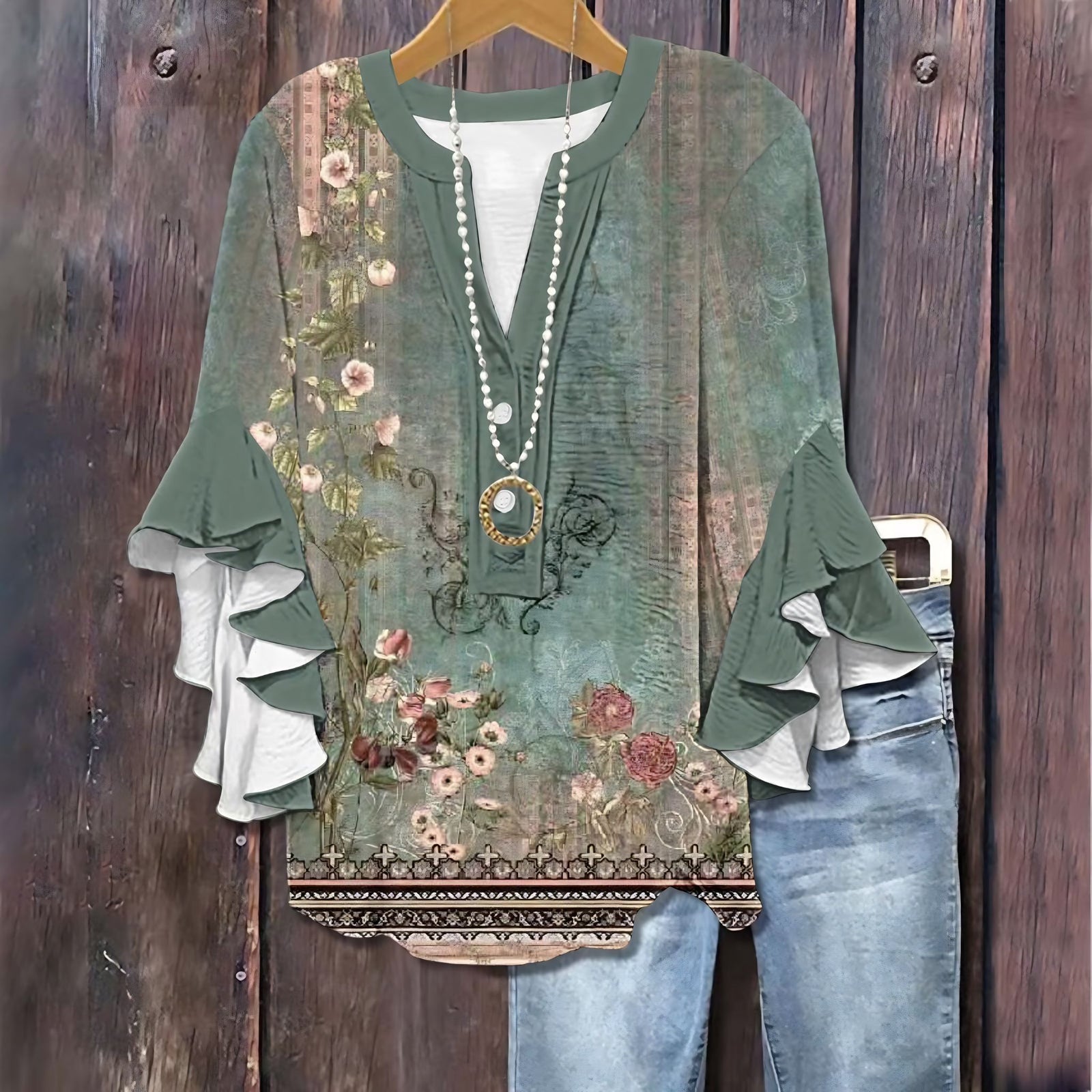Dames T-shirt met bloemenprint en ruches aan de zoom