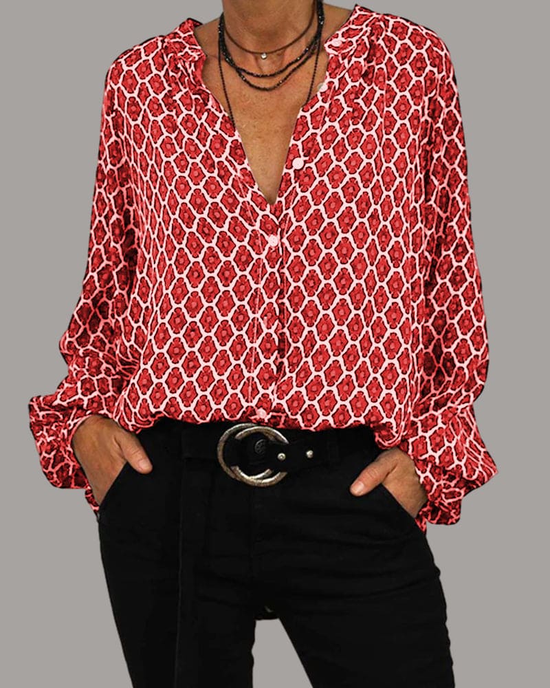 Variant image for Dames Blouse V-hals Geometrisch Patroon Katoenmix Informeel-9