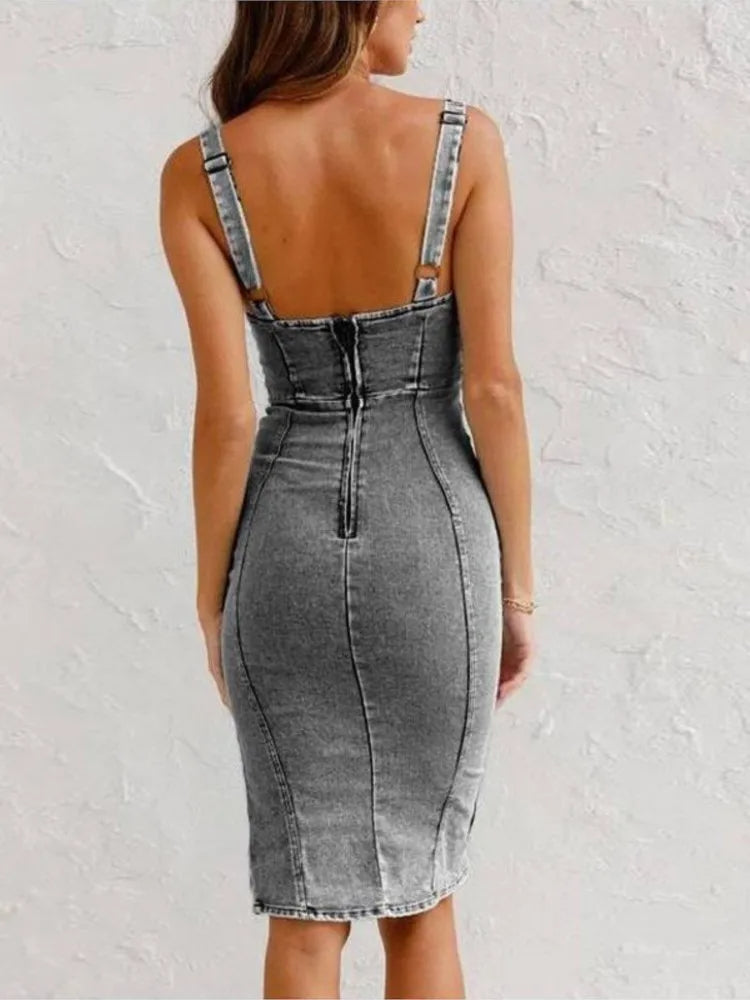 Dames Jeansjurk Casual Met Verstelbare Riemen Denim-2