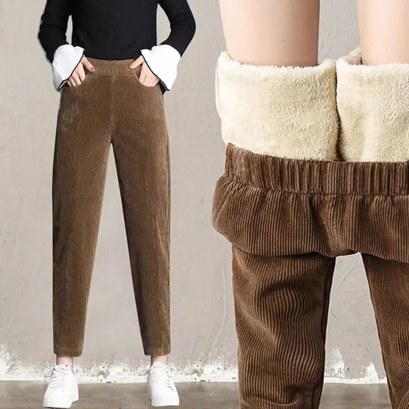 Corduroy warme damesbroek met fleece voering
