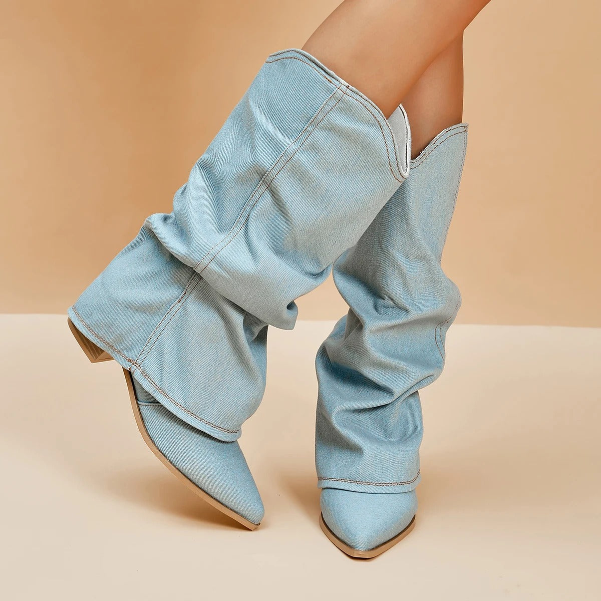 Denim laarzen voor dames met blokhakken