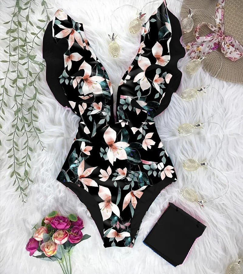 Damesbadpak met bloemenprint en ruches