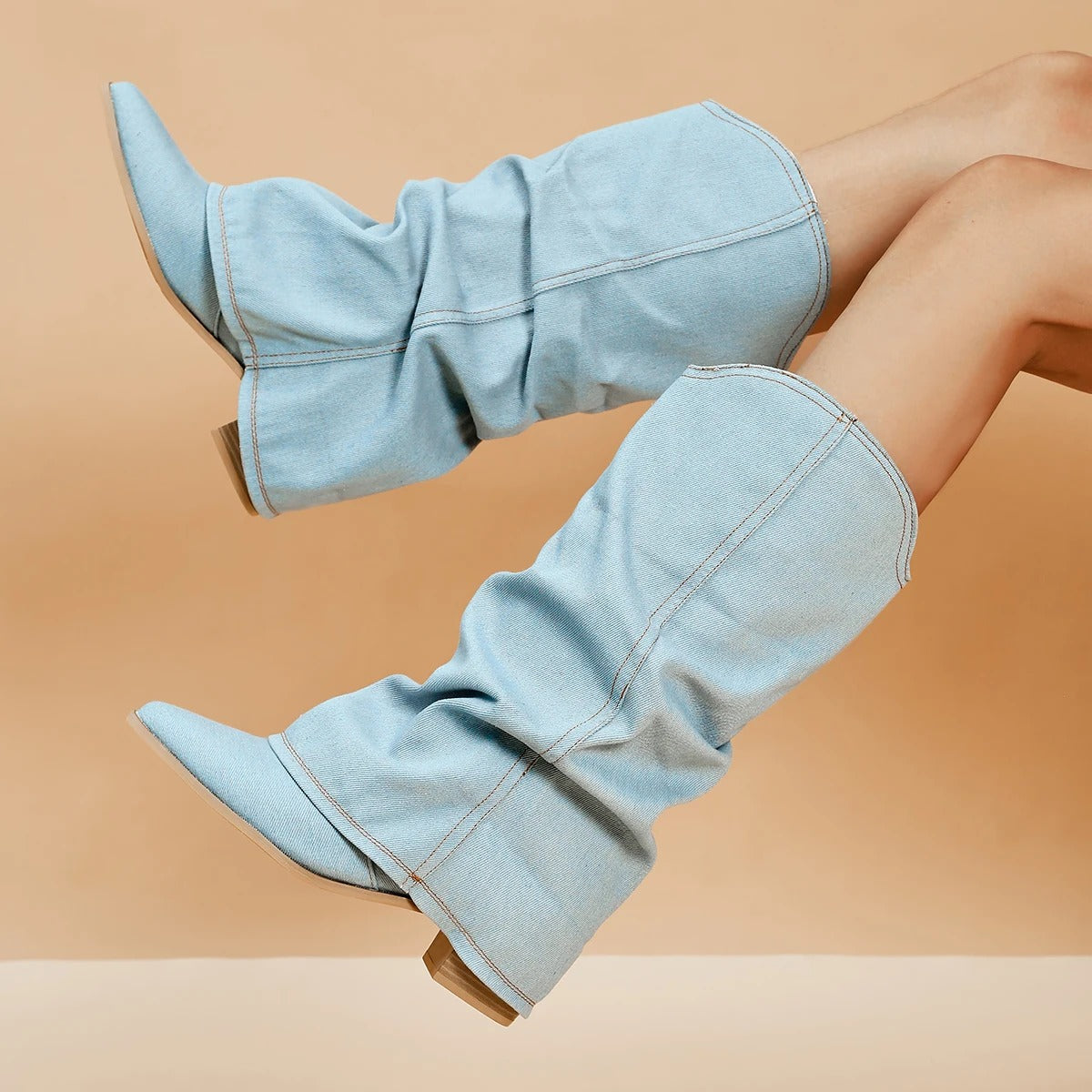Denim laarzen voor dames met blokhakken