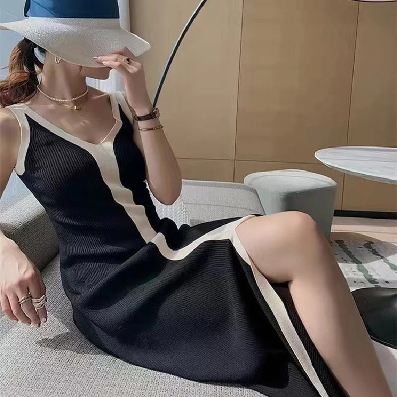 Vrouwen mouwloze gebreide V-hals jurk