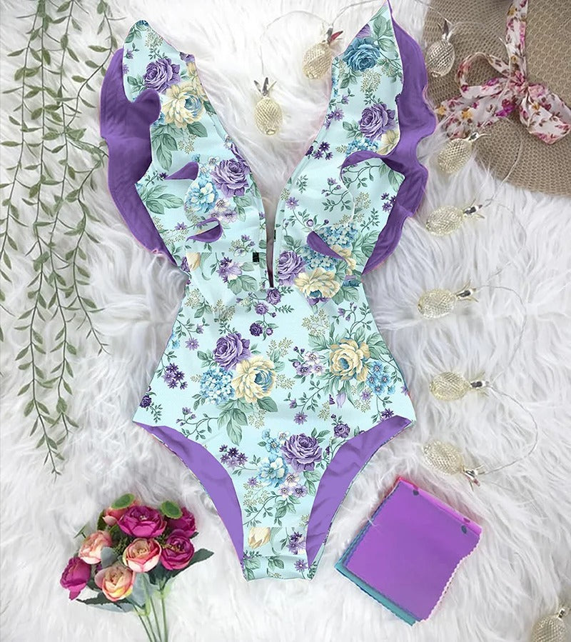 Damesbadpak met bloemenprint en ruches