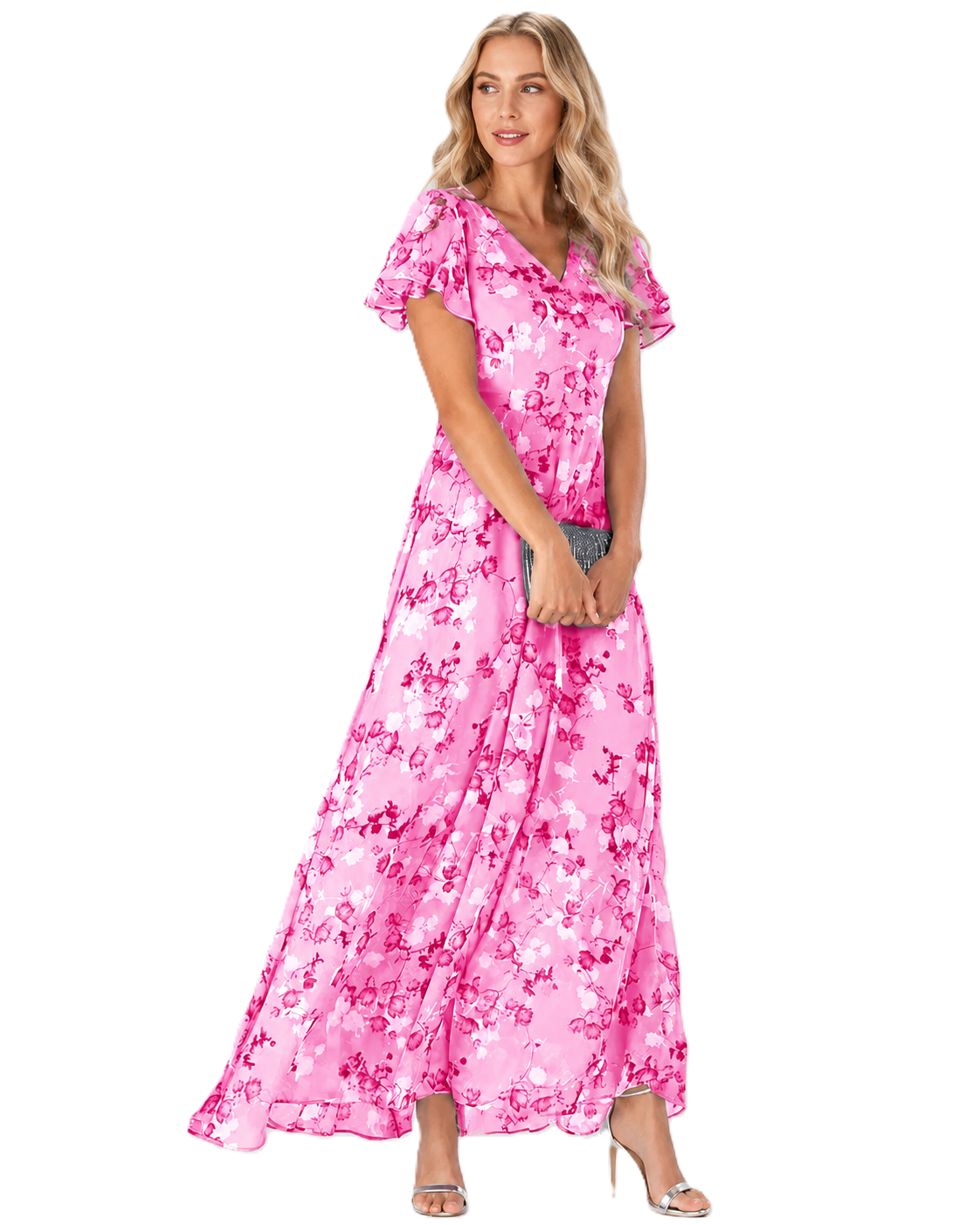 Maxi-jurk voor dames met bloemenprint, V-hals en korte, flatterende mouwen.