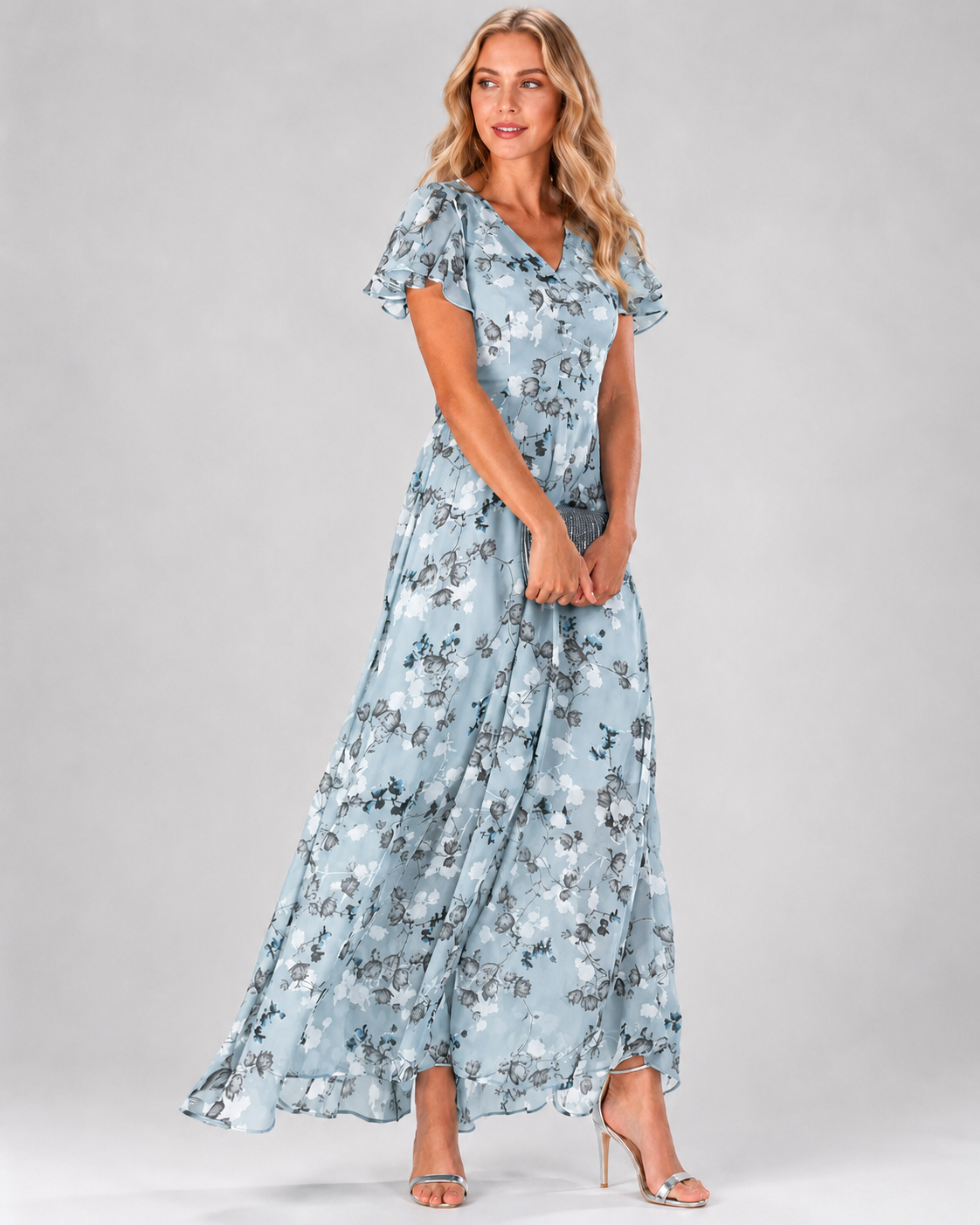 Maxi-jurk voor dames met bloemenprint, V-hals en korte, flatterende mouwen.