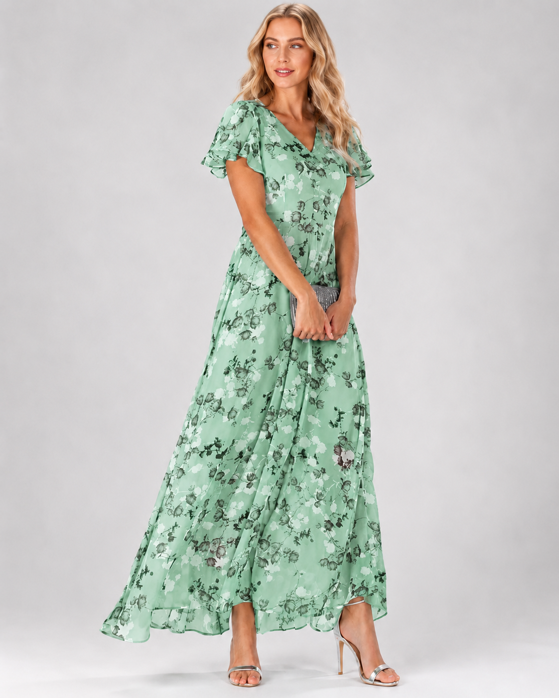 Maxi-jurk voor dames met bloemenprint, V-hals en korte, flatterende mouwen.