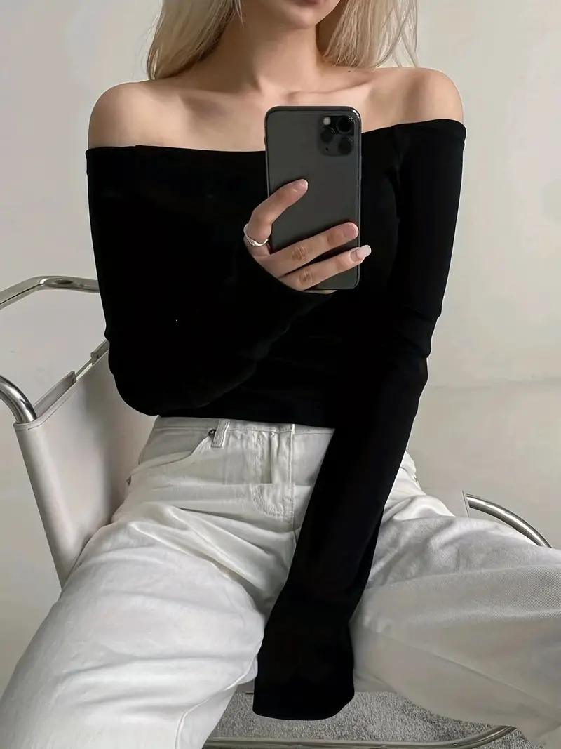 Effen Off Shoulder Lange Mouw Tops