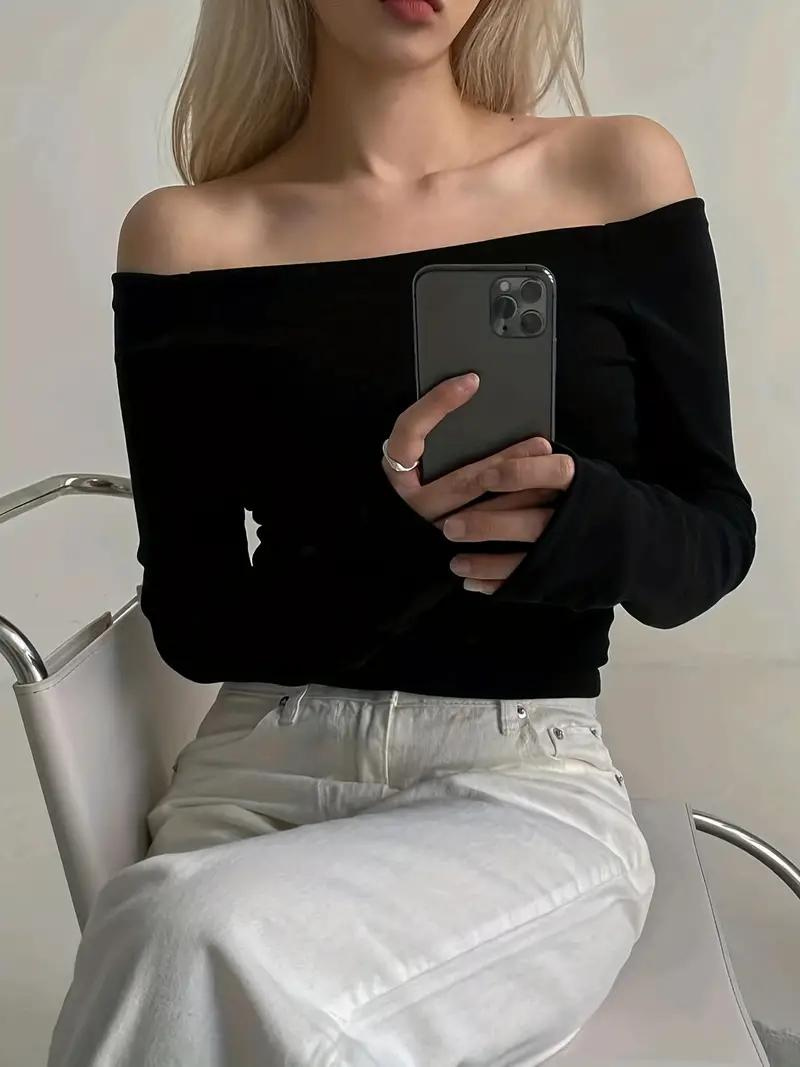 Effen Off Shoulder Lange Mouw Tops