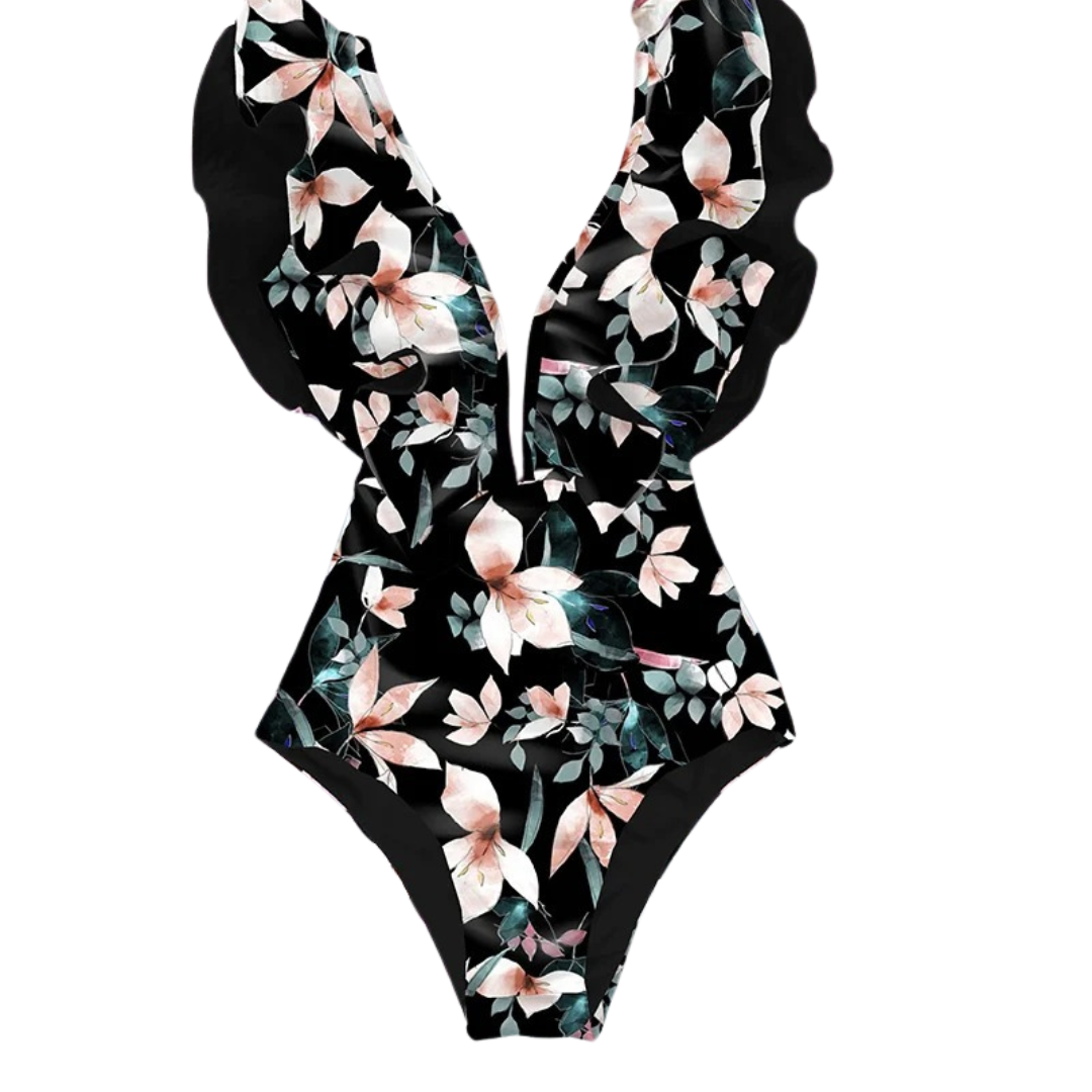 Damesbadpak met bloemenprint en ruches