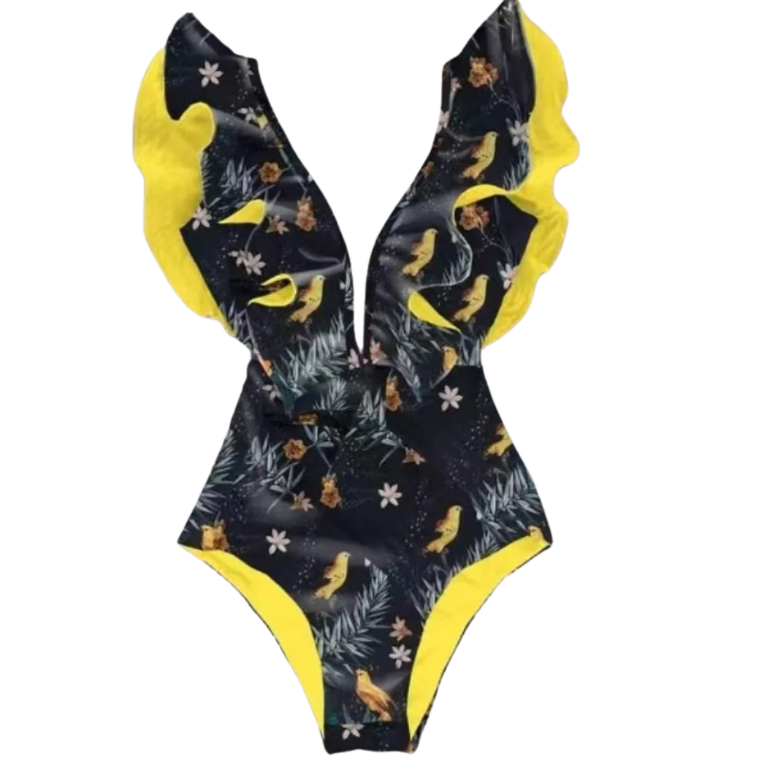 Damesbadpak met bloemenprint en ruches