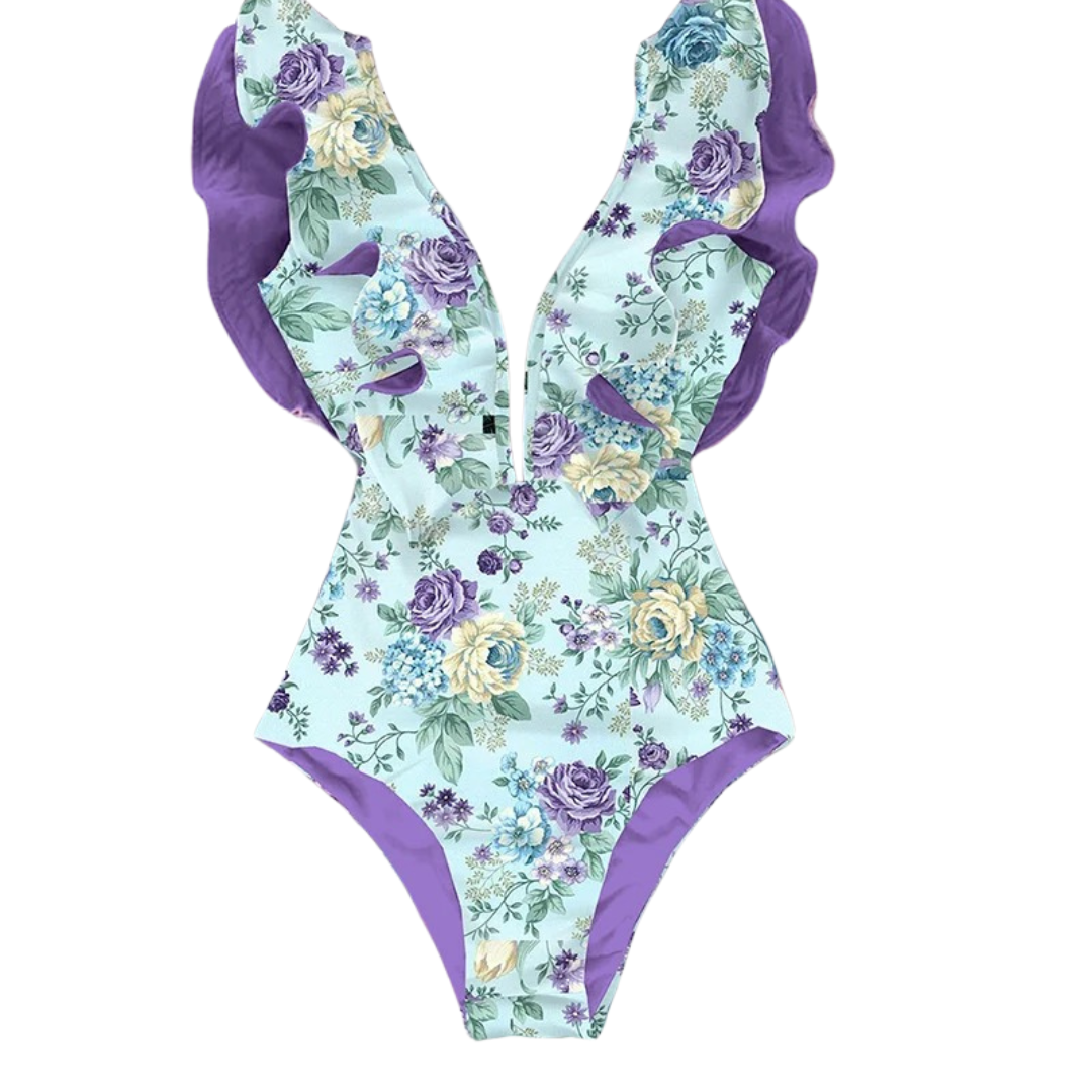 Damesbadpak met bloemenprint en ruches
