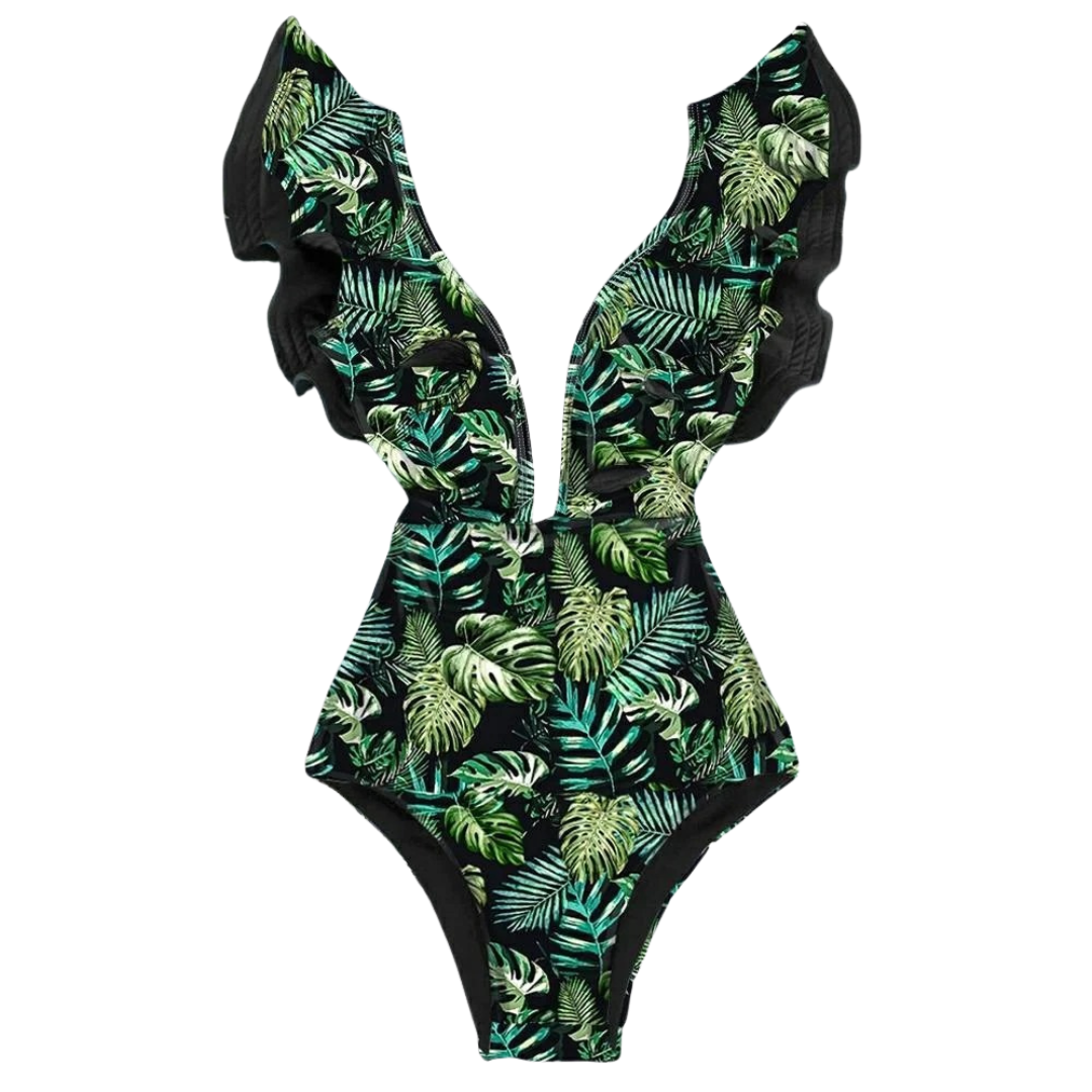 Damesbadpak met bloemenprint en ruches