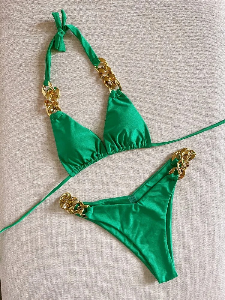 Gouden Ketting Halter Bikini Set