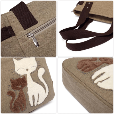 Kat Geborduurde Canvas Tas
