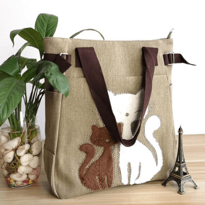 Kat Geborduurde Canvas Tas