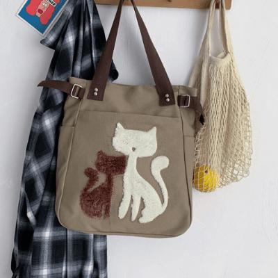 Kat Geborduurde Canvas Tas
