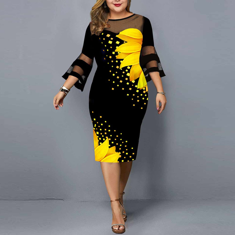 Plus Size Zonnebloem Print Vrijetijdskleding