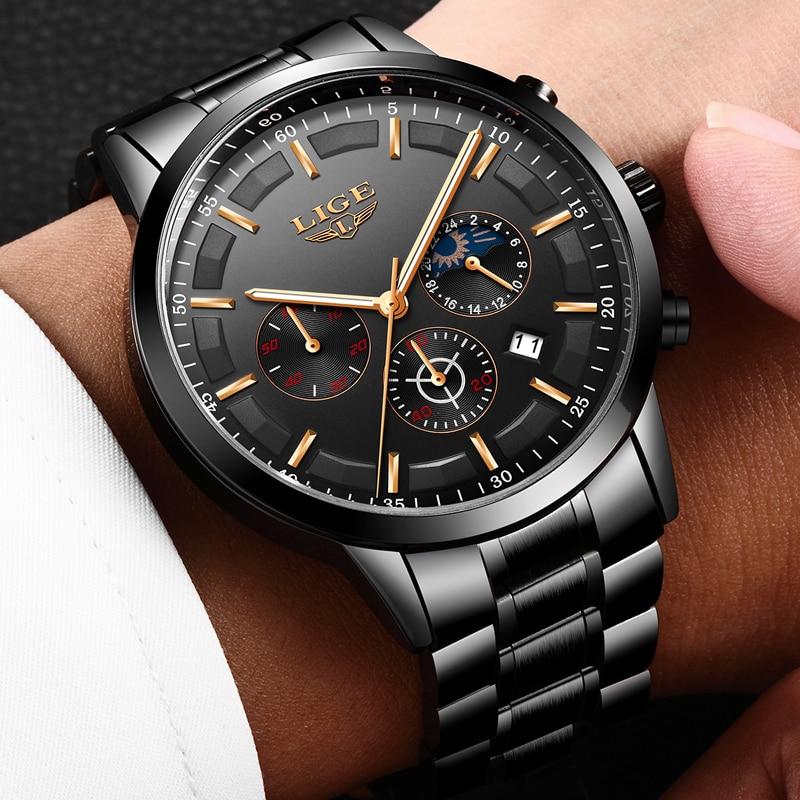LIGE Herenhorloge Mode Sport Chronograaf Waterdicht Analoog Quartz Roestvrij stalen band Vrijetijdshorloge Zwart LIGE Herenhorloge Mode Sport Chronograaf Waterdicht Analoog Quartz Roestvrij stalen band Vrijetijdshorloge Zwart
