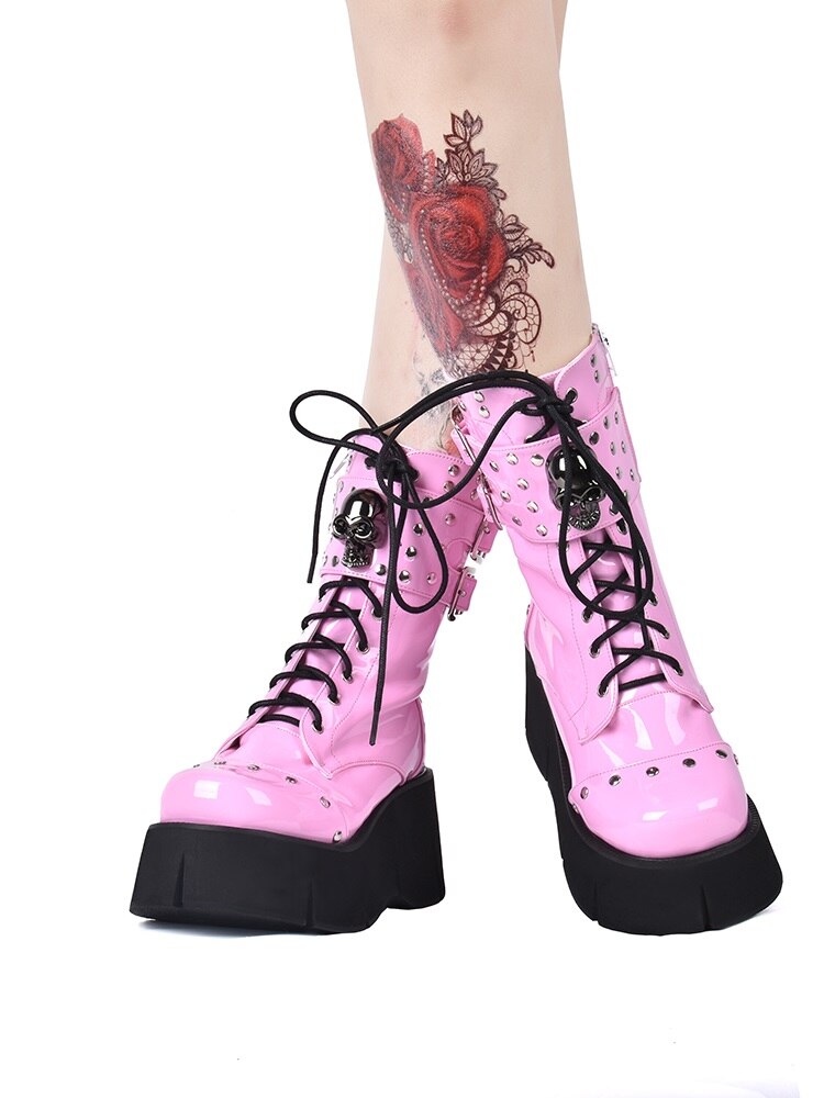 Roze Gothic Lace Up Platform Laarzen