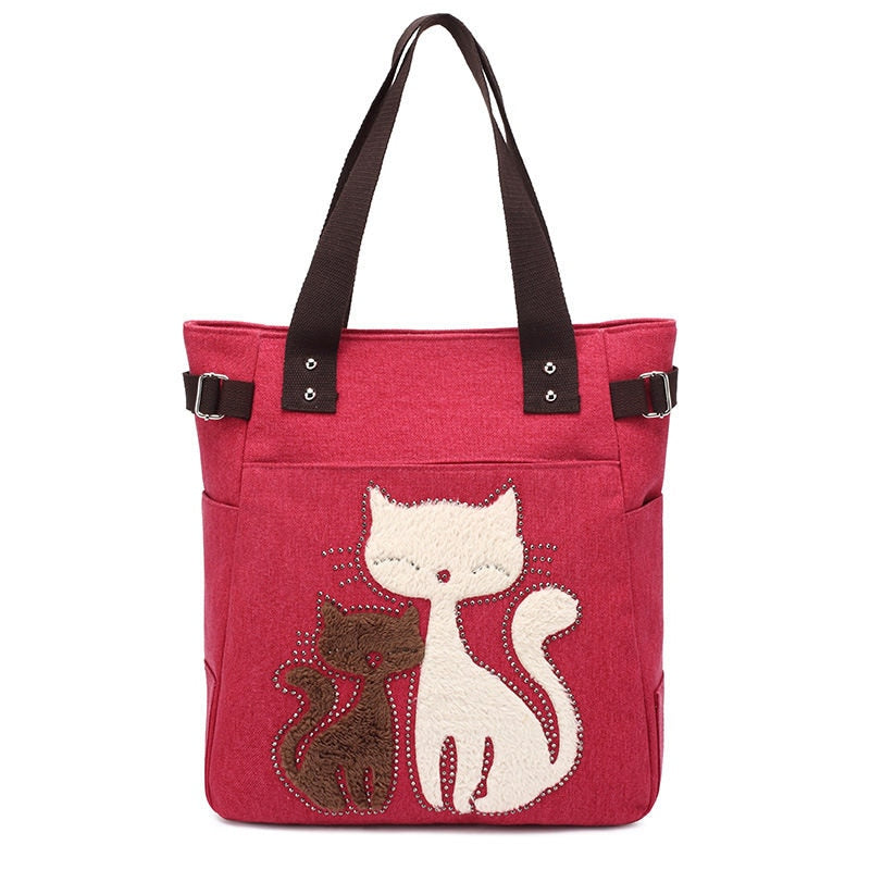 Kat Geborduurde Canvas Tas