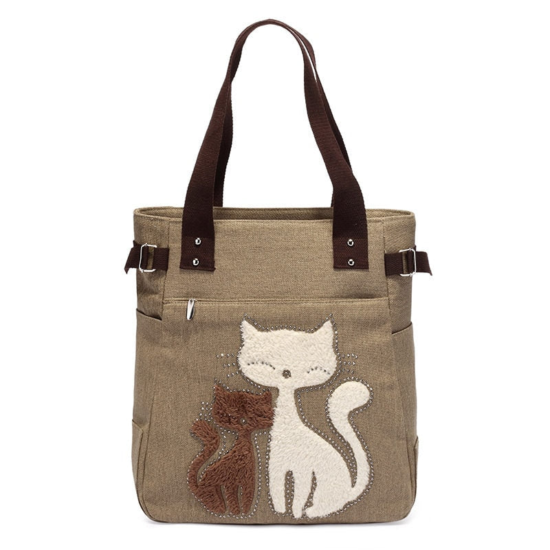 Kat Geborduurde Canvas Tas