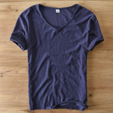 Mannen V-hals Linnen Katoenen Shirt