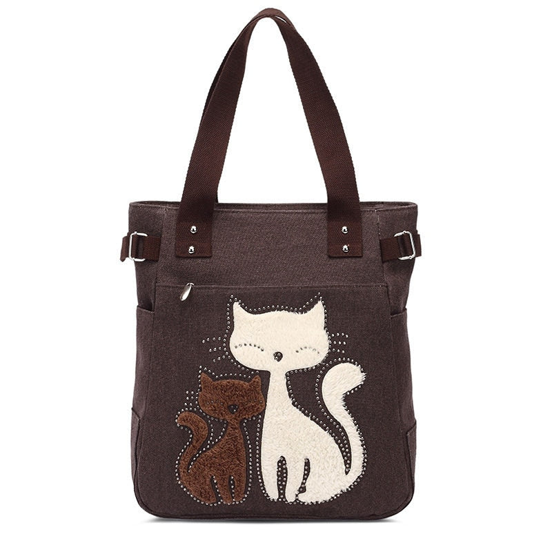 Kat Geborduurde Canvas Tas