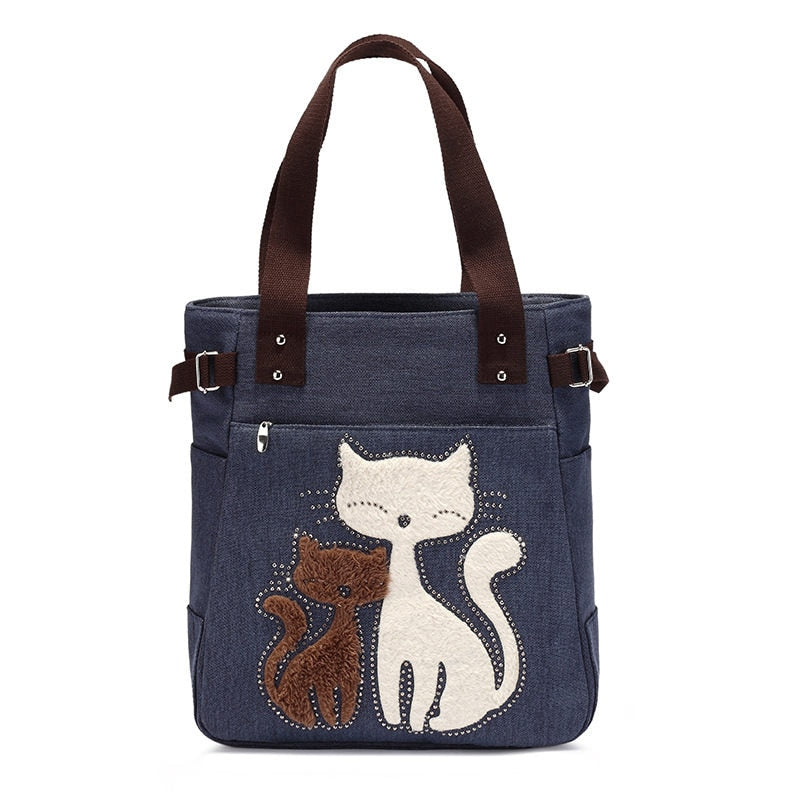 Kat Geborduurde Canvas Tas