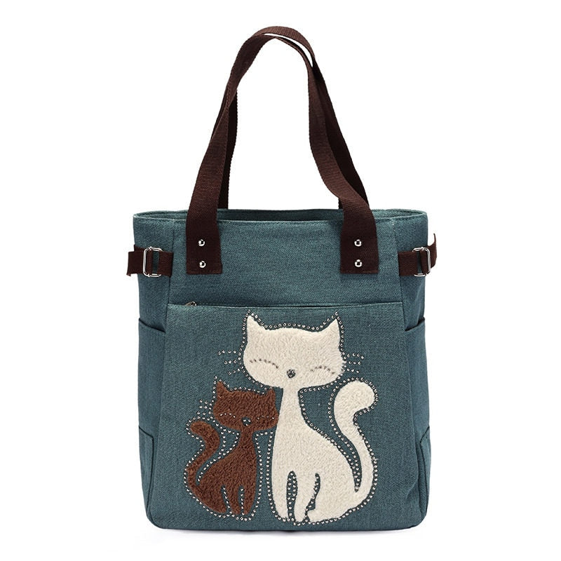 Kat Geborduurde Canvas Tas