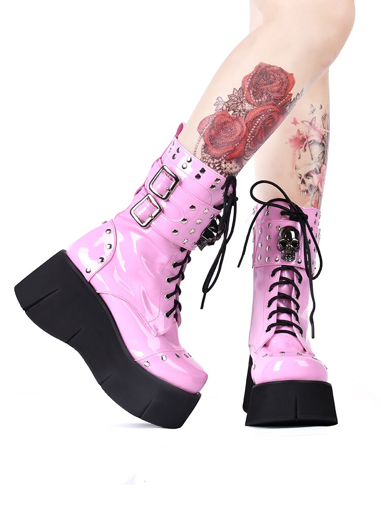 Roze Gothic Lace Up Platform Laarzen