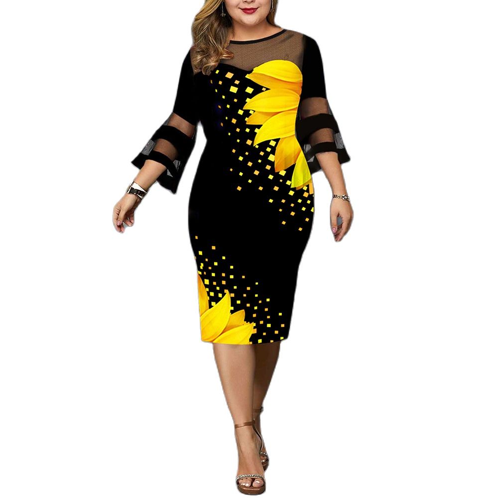 Plus Size Zonnebloem Print Vrijetijdskleding