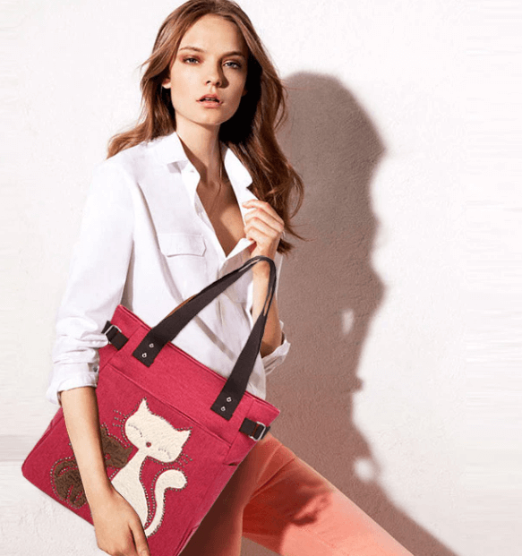 Kat Geborduurde Canvas Tas