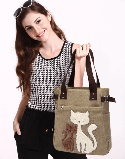 Kat Geborduurde Canvas Tas