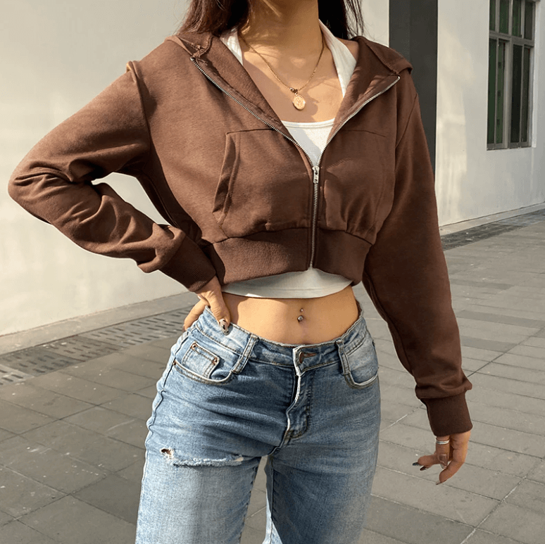 Extra Slanke Gekroesde Zip-Up Hoodie