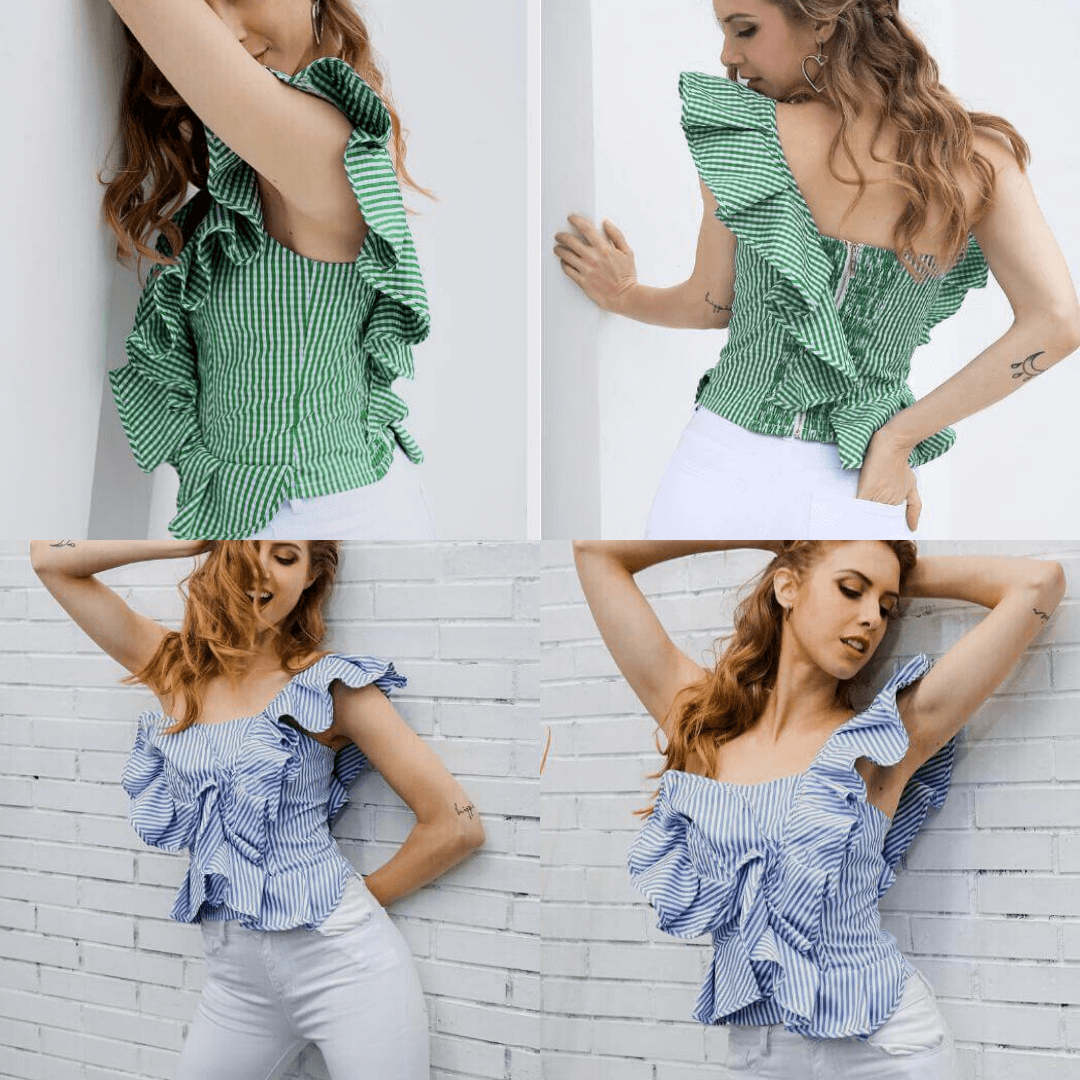 Gestreepte blouse met één schouder en volant